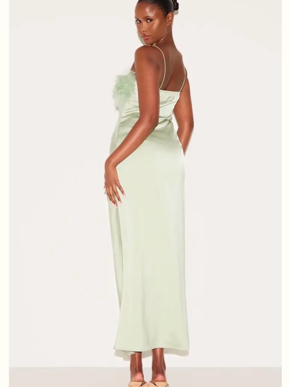 NWT PrettyLittleThing Pale Green Feather-Trim Slip Maxi Dress - Picture 3 of 7